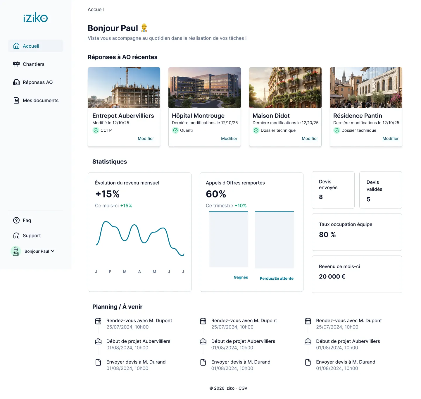 Interface de la plateforme iziko montrant le tableau de bord de gestion de projets avec vue chronologique, tâches actives et fonctionnalités de collaboration